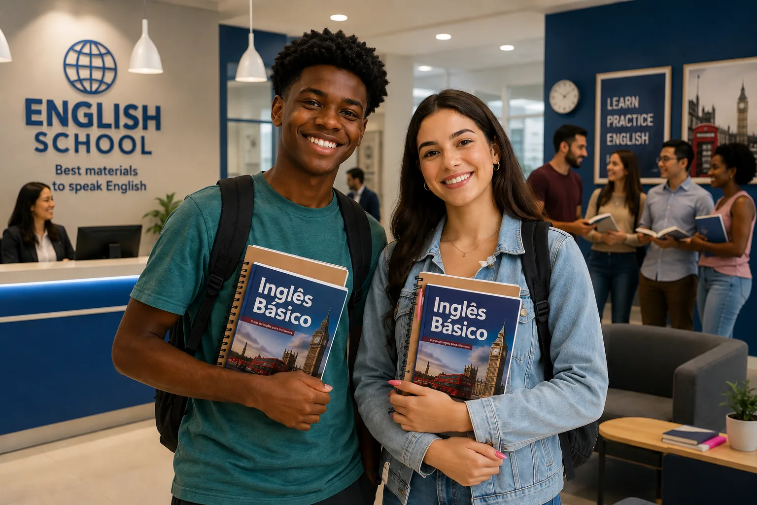 Estudantes sorrindo segurando apostilas em uma escola de inglês