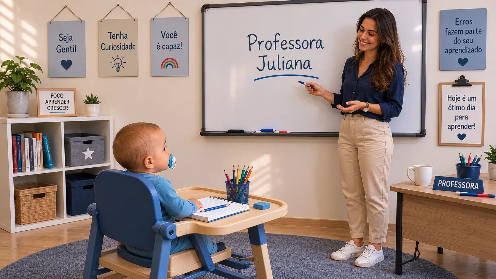 Bebê sentado em uma carteira escolar diante de uma professora e um quadro branco